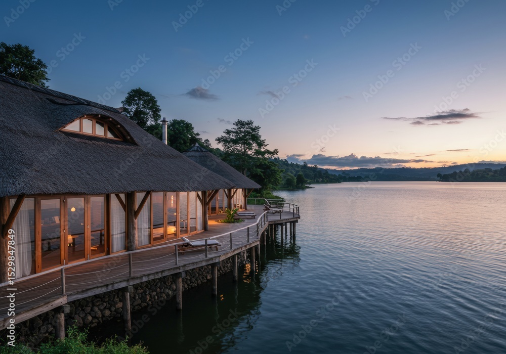 Fototapeta premium Luxury safari lodge overlooking the vast Serengeti landscape during golden hour. Scenic view of wildlife plains, acacia trees, and open skies in Tanzania.
