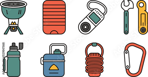 Camping gear equipment vector illustration barbecue water bottle carabiner tool set outdoors adventure 100 editable stock vector illustration