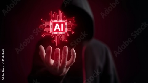 suspicious person no face in black hoodie holding digital hologram Ai symbol floating in air, Ai Caution and risk pros and con concept 