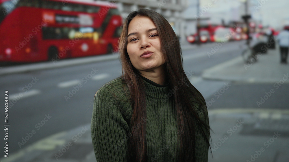 Woman making heart gesture with hands on busy street with red buses in background showcasing urban outdoor setting. Woman making heart gesture with hands on busy street with red buses in background showcasing urban outdoor setting.