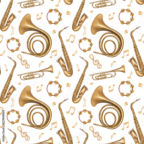 Photography Flying brass musical instruments seamless pattern isolated background