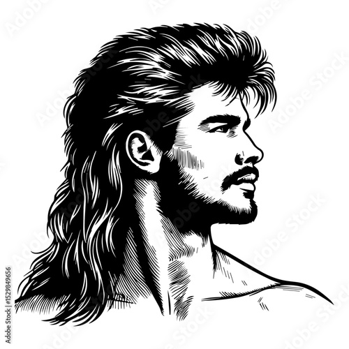 A black vector sketch of a mullet hairstyle from the 90s.