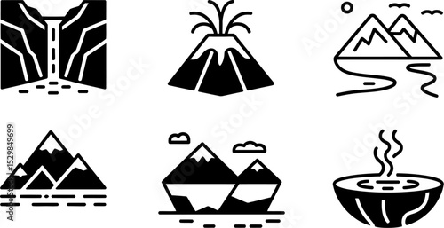 Nature landscape icons vector illustration of waterfall volcano mountains river hot spring fjforus editable stock vector illustration