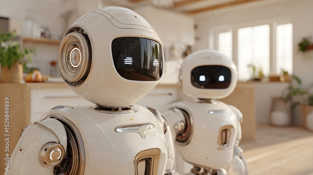 Fototapeta premium Immersive Robot Composition Showcasing Advanced Machine Intelligence in Futuristic Workspace – Generative AI Visual for Tech Branding