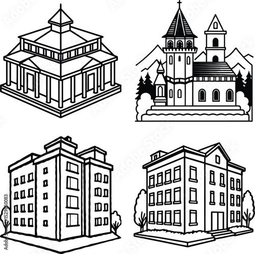 Line drawing of a multistory building isolated on white background
