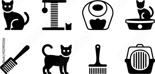 Cat supplies vector icons set, pet accessories, food bowl, carrier, litter box, grooming, scratching post editable stock vector illustration
