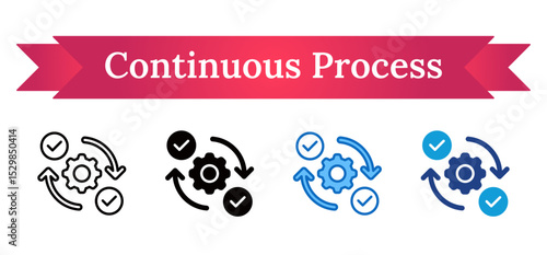 Continuous Process Multi Style Icon - Gear surrounded by checkmarks and arrows indicating a seamless and efficient operational loop