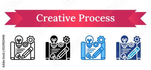 Creative Process Multi Style Icon - Paper, lightbulb, pencil, and gears symbolizing efficient idea development and execution