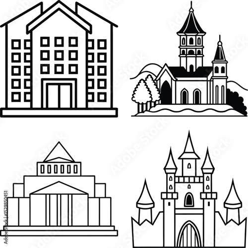 Line drawing of a multistory building isolated on white background
