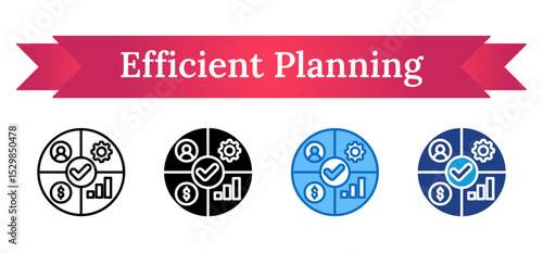 Efficient Planning Multi Style Icon - Circle chart with gear, user, money, and bar graph indicating effective strategic and resource planning