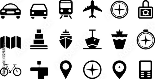 Transportation travel icons vector set: car, train, airplane, ship, bicycle, map, location, compass editable stock vector illustration