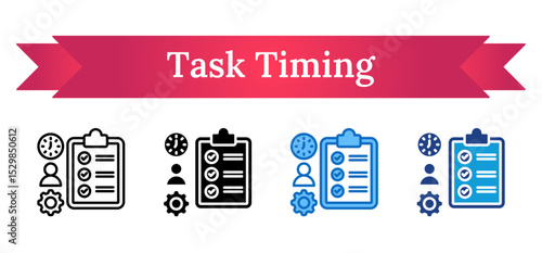 Task Timing Multi Style Icon - Checklist, user, gear, and clock indicating efficient personal task tracking and completion
