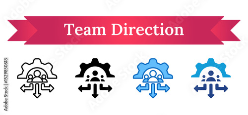 Team Direction Multi Style Icon - People with arrows and gear showing direction control and efficient team decision-making processes