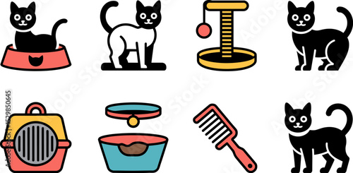 Cat supplies vector icons set pet accessories food bowl carrier collar comb scratching post toys 100 editable stock vector illustration