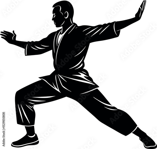 Silhouette of person doing tai chi on white background