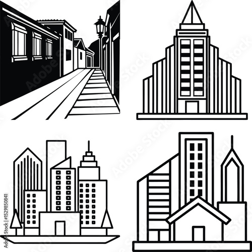 Line drawing of a multistory building isolated on white background
