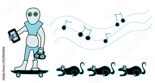 A robot character on a skateboard playing music from his cell phone on a music player with speakers, attracting rats with tiny headsets. Futuristic concept of Rat-catcher, also called Pied Piper. 