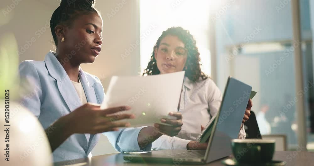 Office, business people or laptop with document for feedback, investment solution or finance report. Teamwork, women and financial advisor with secretary for budget management, discussion and tablet