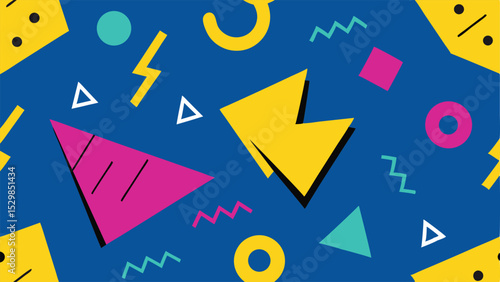 Colorful geometric shapes pattern in 1980s memphis style with a blue background