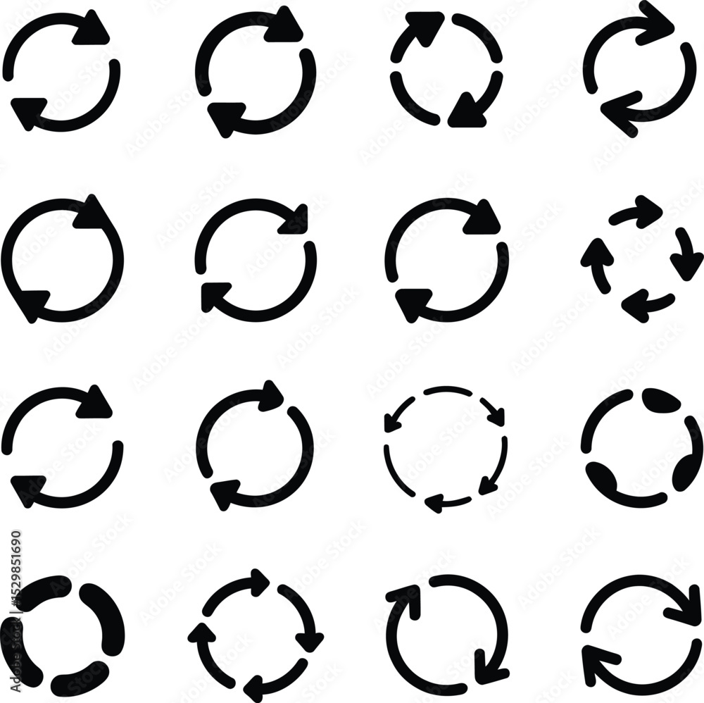 Silhouette vector set of refresh reload and circular arrow icons in various styles
