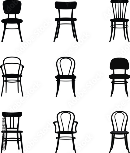 Silhouette vector set of different chair icons with vintage classic and modern styles
