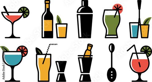 Cocktail bar equipment vector illustration set for menu design and party invitation with drinks icons editable stock vector illustration