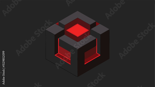 Geometric 3d cube design with inner red glows and metallic edges abstract concept