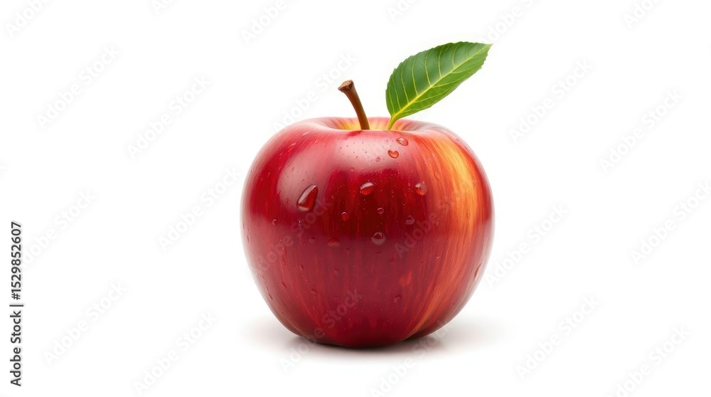 A shiny red apple with a stem and leaf adorned with water droplets sits against a white background A shiny red apple with a stem and leaf adorned with water droplets sits against a white background