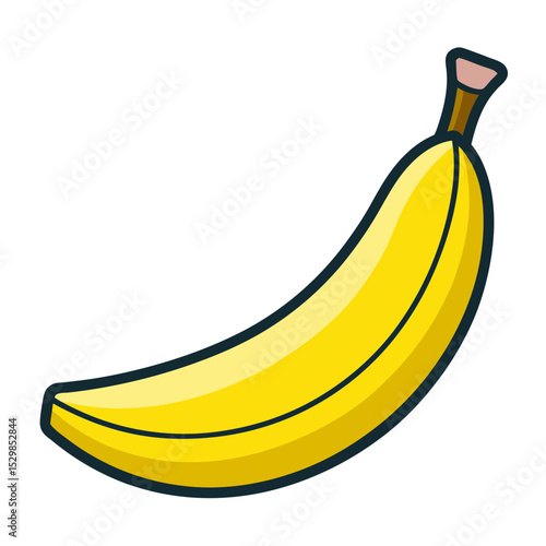 Cartoon illustration of a bright yellow banana with brown stem and peel