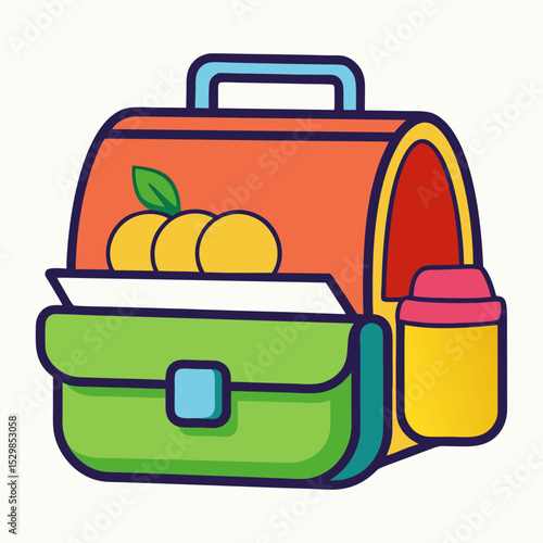 Colorful cartoon lunch box filled with healthy food and a water bottle