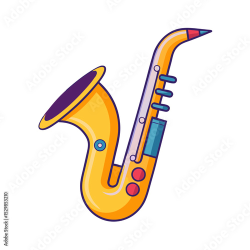 Cartoon Drawing of a Golden Saxophone with Purple and Blue Accents