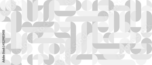 White trendy seamless background of circles and squares in modern Scandinavian style. Cover of gray geometric shapes in retro texture for wallpaper or packaging.