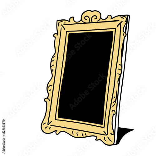 An ornate, antique gold frame stands elegantly isolated on white background, its dark interior a mysterious void awaiting a masterpiece