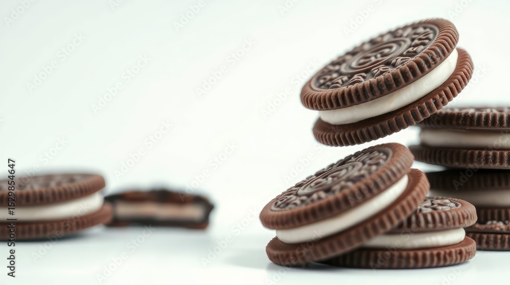 Stacked chocolate cream cookies on a white surface Stacked chocolate cream cookies on a white surface