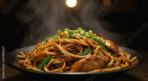 A steaming plate of chicken lo mein noodles garnished with scallions on a dark background setting