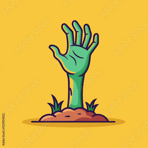 Cartoon illustration of a zombie hand rising from the ground on Halloween