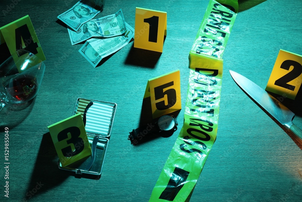 Obraz premium Forensic expertise. Crime scene with evidence, markers and police tape on wooden background, closeup. Color toned effect