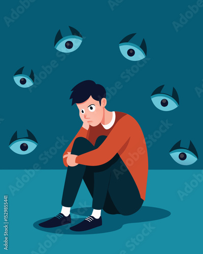 Despite being completely alone he cant shake off the unsettling feeling that someone is staring at him their eyes boring into his very soul.. Vector illustration