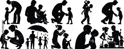 Family Silhouette Collection Parents Interacting with Children, Reading, Cooking, Hair Styling, Affectionate Gestures