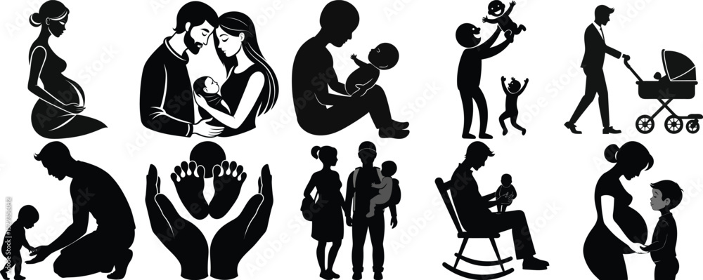 Naklejka premium Silhouettes of Families Expecting Mother, Parents with Baby, Father and Children, Baby Feet in Hands