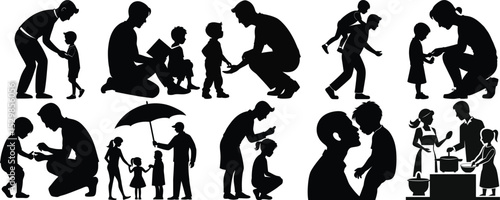 Silhouettes of Families Showing Parents Interacting with Children in Various Activities and Scenes