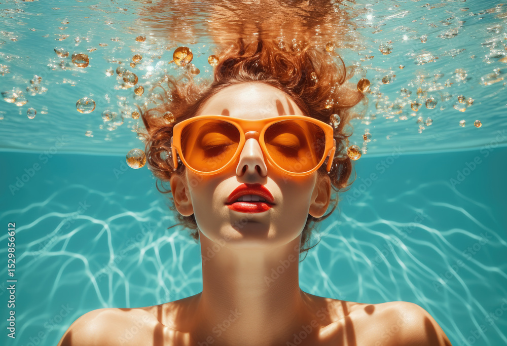 Naklejka premium A serene woman with curly hair submerged underwater, wearing vibrant orange sunglasses, with sparkling bubbles floating above adding to the dreamy atmosphere of the scene.