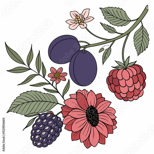 Vibrant floral arrangement with berries and plums