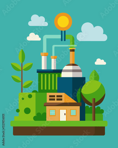 A biomass power plant that converts organic waste into energy reducing landfill waste and promoting sustainable energy production.. Vector illustration