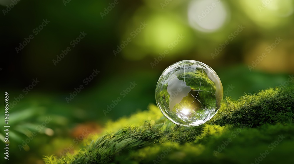 A clear glass globe rests on lush green moss in a forest, bathed in soft sunlight with golden highlights and natural shadows, evoking peace and connection to nature. A clear glass globe rests on lush green moss in a forest, bathed in soft sunlight with golden highlights and natural shadows, evoking peace and connection to nature.
