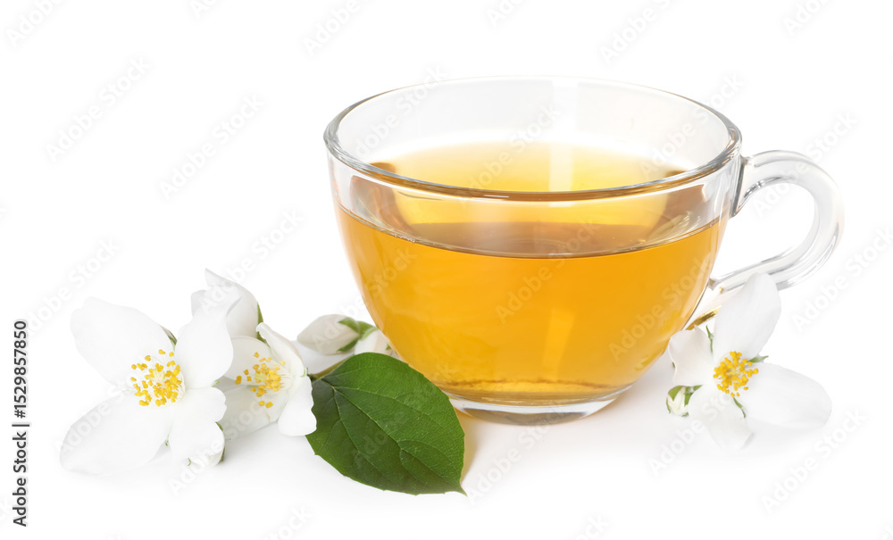 Aromatic jasmine tea in glass cup, flowers and green leaf isolated on white Aromatic jasmine tea in glass cup, flowers and green leaf isolated on white
