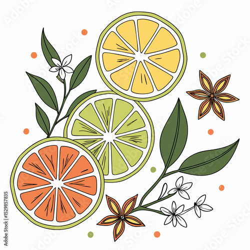 Fresh citrus slices with blossoms and star anise, transparent png