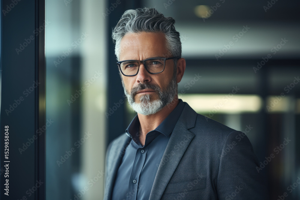 Naklejka premium A distinguished businessman with gray hair and glasses exudes confidence in a contemporary office, highlighting the blend of professionalism and contemporary aesthetics.