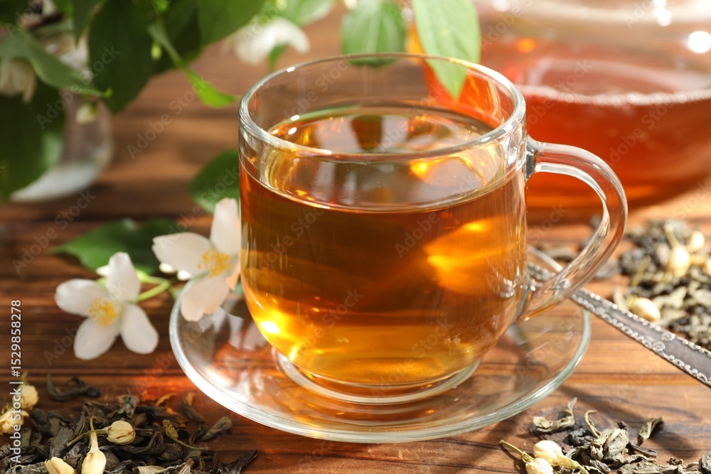 Aromatic jasmine tea in glass cup, brew and flowers on wooden table, closeup Aromatic jasmine tea in glass cup, brew and flowers on wooden table, closeup