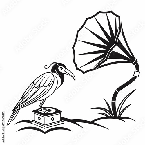 Bird on vintage gramophone with horn